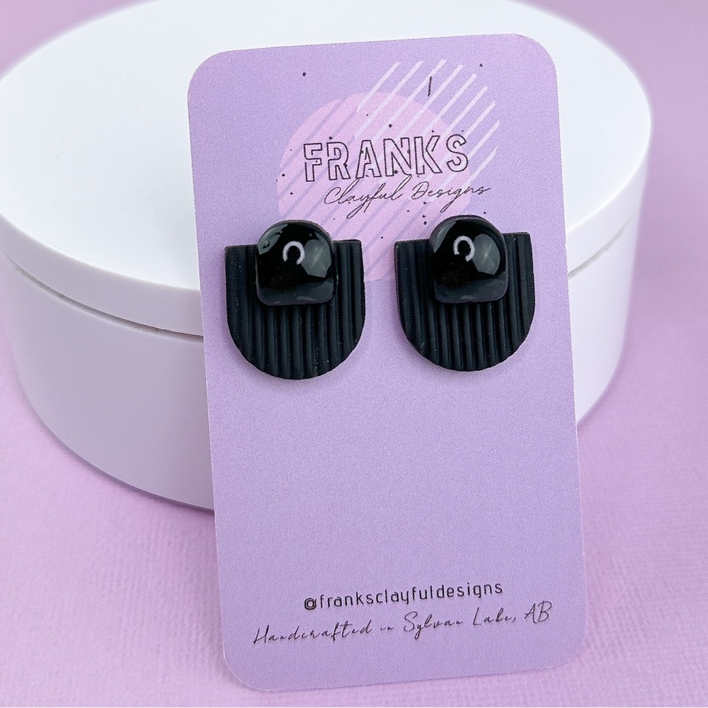 Black Line Textured Handmade Polymer Clay Statement Stud Earrings